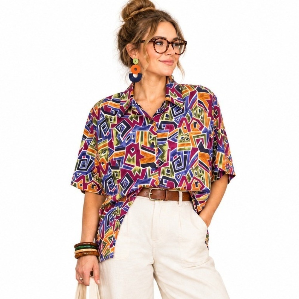 Vintage 90s NWT Silk Blouse 2X Abstract Geometric Maximalist Artsy Statement Top